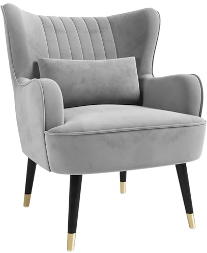 Vesgantti Wingback Accent Chair & Pillow,Velvet Armchair,Grey | Large Cuddle Chair for Living Room Bedroom Study Room Office