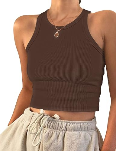 PLOKNRD Crop Tops Femmes sans Manches Racerback Col Rond Débardeur Marron XS