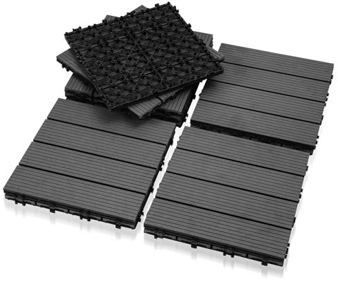 Jiubiaz WPC Fliesen, 30x30cm 110er für 10m² WPC Terrassenfliesen Balkon Bodenfliese mit Klick-System, Terrassendielen Wetterfest mit Drainage, Anthrazit