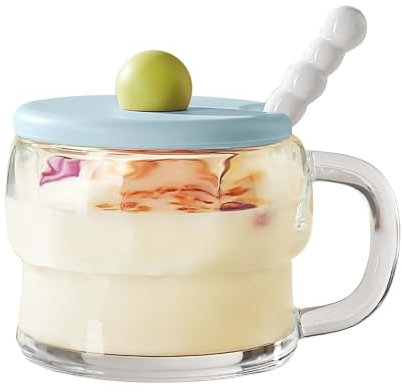 300ml Vasos de Vidrio, Tazas Desayuno Mugs Café con Tapa y Juego, de Cuchara, Tazas de Café Vintage, Taza de Té de Vidrio con Asa para Leche, Avena, Yogurt (Transparente)
