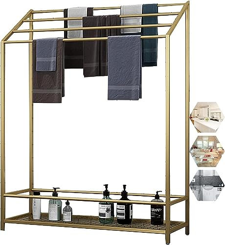 Toallero de metal, soporte independiente para toallas de baño con estante de almacenamiento, elegante diseño de pie