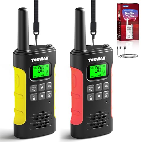Tokwak Talkie Walkie Longue Portée Rechargeable par USB C, Paire de Talkie-Walkie Enfants Adultes 16 Canaux VOX Lampe Torche, Walkie Talkie PMR446 Batterie Li-on pour Camping, Randonneé, Vélo, Fêtes