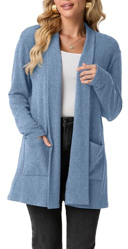 GRECERELLE Cardigan long et douillet pour femme, devant ouvert, élégant, décontracté, col châle pour femme, avec poches, automne, hiver, printemps, Bleu, cow-boy, XXL