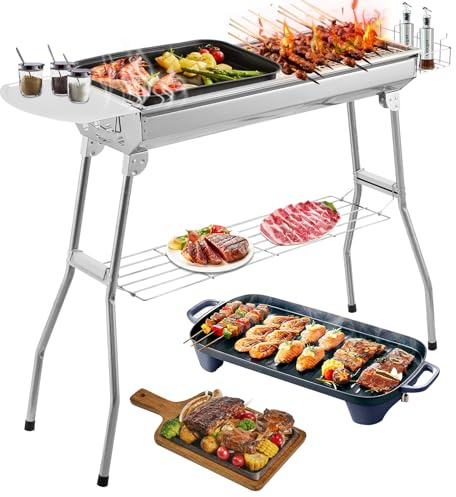 Teodute Barbecue a Carbonella da Esterno, con Vassoio Portaspezie Cestini Laterali Ripiano Inferiore, Acciaio Inox Pieghevole Barbecue Griglia a Carbone per Campeggio Giardino Picnic Feste