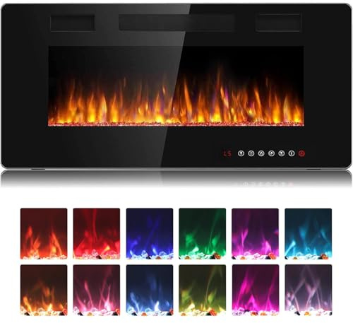 Waleaf Camino Elettrico 91.4 cm, Ultrapiatto Caminetto Elettrico con Riscaldamento 750W/1500W, Effetto Fiamme 3D, 12 Colori di Fiamme, Telecomando, Stufa da Parete e da Incasso, Nero