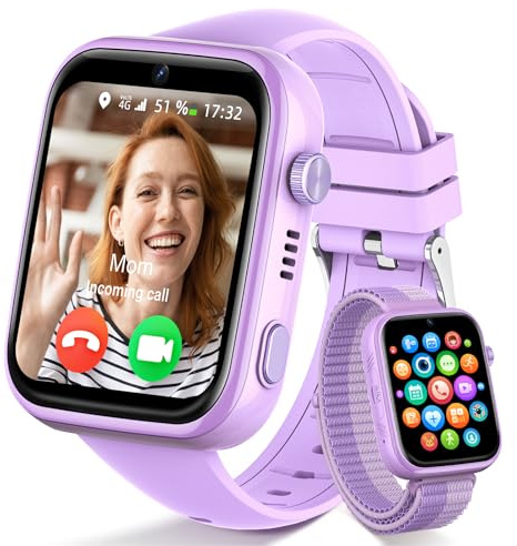 4G Reloj Inteligente Niño, Smartwatch Niños con GPS y Llamadas, Videollamadas, Chat de Voz, SMS, WhatsApp, SIM, SOS, Modo Escuela, WiFi, Localizador, Podómetro IP68 Reloj Niño y Niñas Violeta Regalo