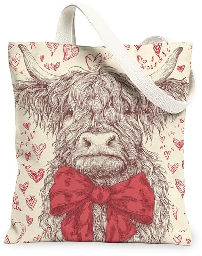 Bolsas de lona con estampado de corazón, diseño de vaca, ligeras, lavables, estilo vintage rústico, reutilizables, para compras, Beige, 13x15 Inch