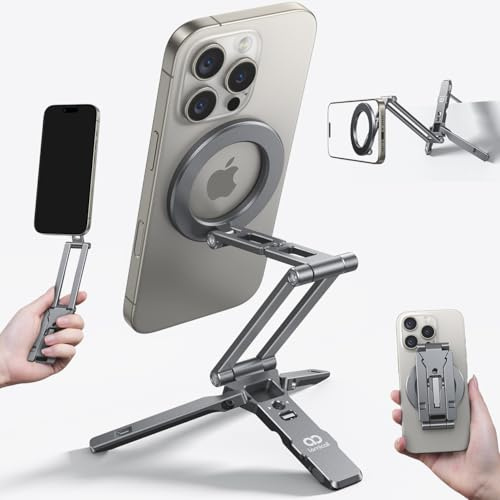 Lamicall 5 IN 1 Treppiede Smartphone, Mini Treppiede per Magsafe -[Compatto]Treppiede Tavolo Alluminio, Vite da 1/4 & Arca-Swiss, Porta Telefono Magnetico con Gancio Nascosto, Ideale per Vlog Viaggio