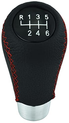 Temzzer Gear Shift Knob 6 Speed Car Shifter Lever Handle Leather Gear Stick Head for Most Manual Automatic Vehicles (Red Stitches)