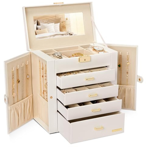 Homde Synthetic Leather Huge Jewelry Box Mirrored Watch Organizer Necklace Ring Earring Storage Lockable Gift Case (White + Gold)