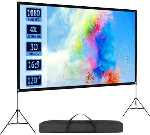 VISULAPEX 120 Inch Projector Screen with Dual Tripods: Wrinkle-Free, Strong Stands, Portable, Indoor/Outdoor, 16:9 Foldable 4K Movie Screen - Ideal for Camping, Parties, Home Theater