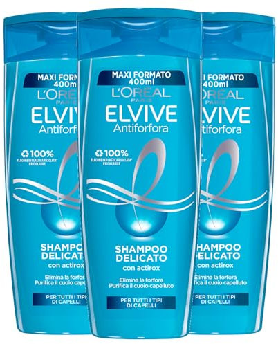 L'Oréal Paris Elseve Shampooing Antipelliculaire Traitant Équilibrant Purifiant Délicat avec Actirox et Equaderm pour Tous Types de Cheveux Elimine les Pellicules - 3 Flacons de 400ml