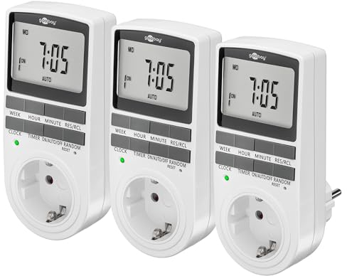 goobay - Lot de 3 minuteries numériques avec 16 programmes - Prise avec Mode aléatoire pour Protection Anti-effraction - Minuterie avec Batterie de Secours de 100 Jours - 3680 W - 230 V (AC) - 16 A -