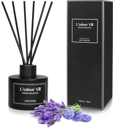 L'odeur Vill Reed Diffuser, 3.4oz(100ml) Lavender Geranium Diffuser Set with 6 Oil Diffuser Sticks, Matte Black Aroma Scent Diffuser, Long Lasting Home Fragrance for Bathroom Shelf Decor