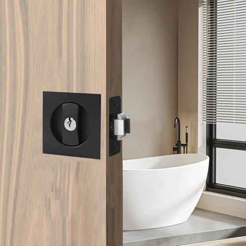 Betensh Forma cuadrada Cerradura para Puertas Correderas Manilla para Puerta de Bolsillo con Llave Manilla Invisible para Puertas Empotradas juego de manijas invisibles de 66 mm Negro