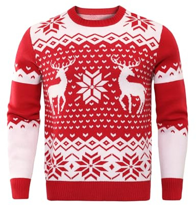 Demegimi Maglione Natalizio Uomo Fiocco Neve Alce Maglioni Girocollo Neck Pullover Manica Lunga Maglione Festa Natale