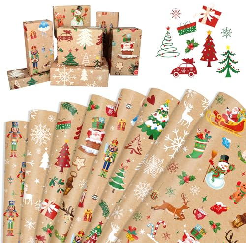 DPKOW Carta da regalo di Natale, 8 fogli Kraft Carta da imballaggio di Natale riciclabile, Carta da regalo per albero di Natale di Babbo Natale Carta da regalo Schiaccianoci fiocchi di neve, 70x50cm