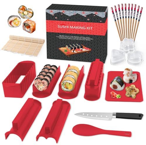 SKYSER Sushi Maker Kit 17 Pièces Outil de Sushi Making en Plastique avec 8 Formes Moule de Rouleau Riz à Sushi avec Fourchette Spatule DIY Kit de Sushi (rouge+Pièces)