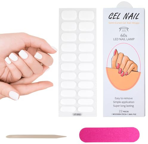 Yitexin 22 PCS Semi Cured Gel Nail Strips Kit, Waterproof Gel Nail Stickers UV Light Required, DIY Short Nail Polish Strips, Self Adhesive Gel Nail Wraps with Nail File & Stick (White)