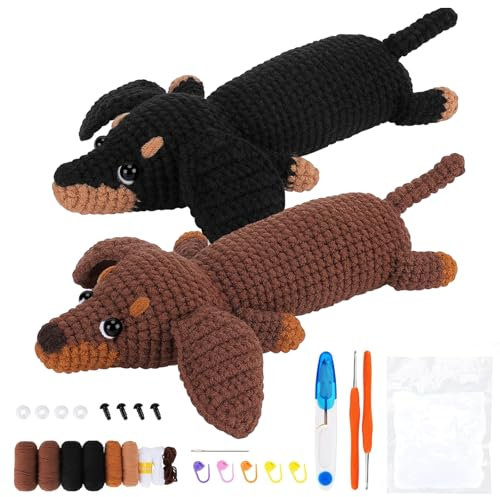 Bcuuozeeing Häkelset für Anfänger, 2 Stück Häkeln Tier Kit Komplett Dackel Hund Häkeln mit Garn Haken Nadeln und Videoanleitungen, Praktische Häkelnadel Set Geschenk (A)