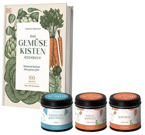 Rimoco Gewürze Geschenkset aus Gewürzen + Das Kochbuch Das Gemüsekisten Kochbuch - bestehend aus Dänisches Rauchsalz N°262, Bio Ras El Hanout N°702 und Bio Baharat N°719.