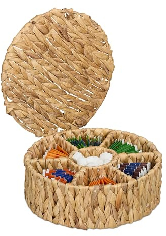 Relaxdays Scatola Porta tè e Tisane, 7 Scomparti 80 Bustine, Tea Box con Coperchio, 11,5x28cm, Giacinto Acqua, Naturale, Fibra vegetale