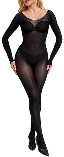 KANYULOVE Donna Bodystocking Collant Lucidi Olio Bodystockings Maniche Lunghe 6D Trasparente Bodysuits Catsuit
