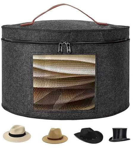 Boîtea chapeau ronde, boite rangement echarpe bonnet, avec couvercle et fermeture éclair, avec poignée en cuir, fenêtre transparente pour armoire ou voyage, boite chapeau 43 x 26 cm (gris foncé)