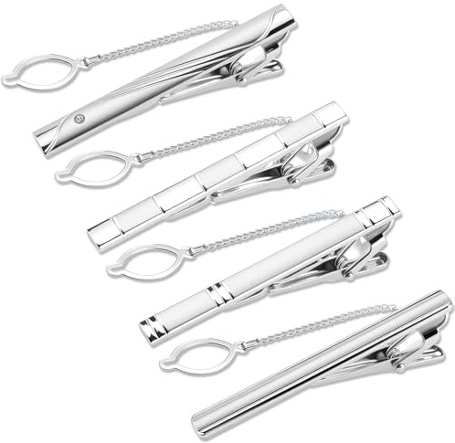 4PCS Tie Clips for Men, Silver Classic Tie Bar Clips Set Detachable Metal Pins Regular Fashionable Elegant Pinch for Business Father's Day Wedding Graduation Valentine's