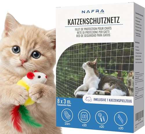 Nafra Home Rete per Gatti Balcone 8x3m – Trasparente | Rete Protezione Gatti con Installazione Senza Trapano o con Trapano | Kit Completo Incluso | Rete Gatti Finestra