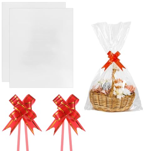 ZORVYN 2 unidades Bolsas de Celofán Grandes, Bolsas Transparentes para Regalos, Papel Celofán Transparente con Lazos para Cestas, Flores, Manualidades y Ramos de Navidad (75x100 cm) (Transparente)