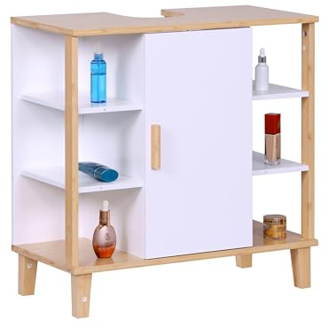 Relaxdays Mueble bajo Lavabo con Puerta, 6 estantes HBT: 65x64x31 cm, bambú y MDF, Mueble de baño, Blanco/Natural