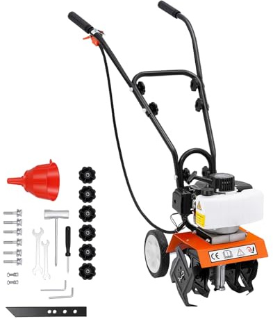 Motozappa a benzina, 43 cc, 1,7 CV, 2 tempi, per giardino, benzina 8500 giri/min, larghezza di lavoro 25 cm, profondità regolabile 5-10 cm, 13 kg