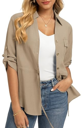 GRACE KARIN Women's Summer V Neck Blouses Elegant 3/4 Sleeve Lyocell-Linen Tops Lightweight Button Down Business Going Out Shirts