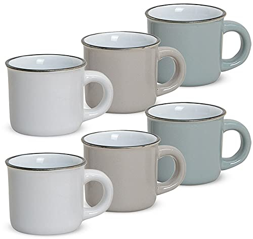 Espressotassen 6er Set Emaille-Optik in weiß braun grau - Moderne Keramik Kaffeetassen in 50ml für italienischen Espresso - Kleine Tassen spülmaschinenfest und mikrowellengeeignet als Geschenk