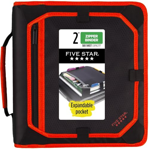 Five Star Zipper Binder, 2 Inch 3-Ring Binder with Round Rings, Expansion Panel and 5-Tab Expanding File, 580 Sheet Capacity, Red/Black (29052CE8)