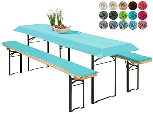 heimtexland ® Bierzeltgarnitur Auflagen Set 3-teilig Tischdecke Bierbankauflage Polster Kissen Biergarnitur Typ698 Aqua für Tischmaß 50x220 cm