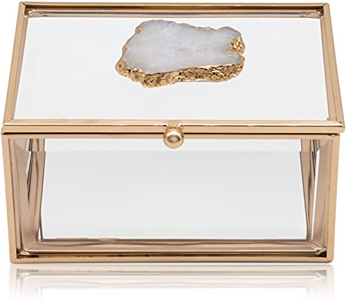 Golden Vintage Rectangular Jewellery Display Box with All-Natural Agate Stone, Decorative Keepsake Jewelry Accessory Storage Organizer, Glass Jewellery Case Lidded Box for Necklaces Bracelets Earrings