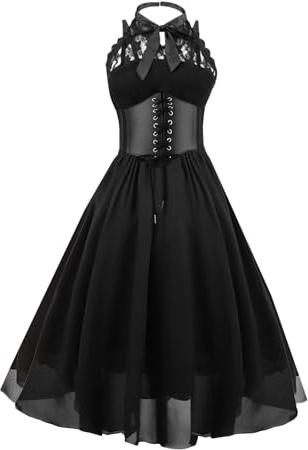 GOLDSTITCH Robe de cocktail sans manches en dentelle gothique avec corset dos nu en dentelle