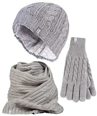 HEAT HOLDERS Ladies Knitted Hat Scarf & Gloves Set Womens Fleece Lined Thermal Cold Weather Set for Winter (S-M, Light Grey)