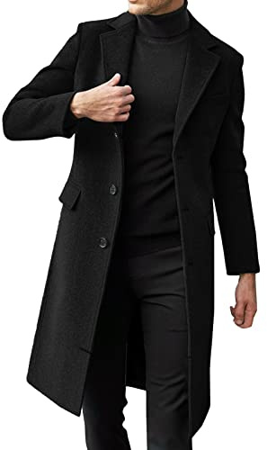 Manteau long pour homme - Manteau d'hiver en laine - Slim - Veste longue pour homme - Veste d'affaires d'hiver - Trench tendance, Noir , L