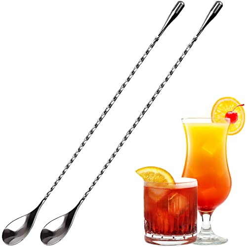 Stainless Steel Mixing Spoon, 2 Pcs 12 Inch Bar Cocktail Shaker Spoon, Long Handle Spoon with Spiral Pattern Teardrop End Design, Drink Stirrer for Home Bartender Use Silver Cocktails Coffee Tea Herbs