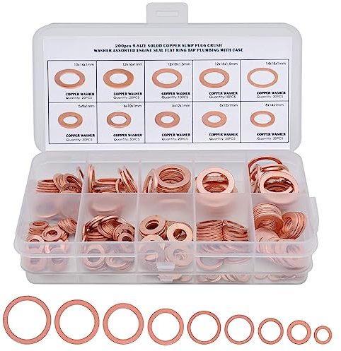 200 Piezas Anillos de Sellado de Cobre, Juego Surtido de Arandelas para Automóviles, Barcos, Generadores, Maquinaria y Electrodomésticos (9 Tamaños)
