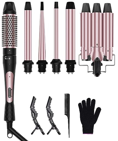 6 in 1 Wand Curling Iron Set, 3 Barrel Curling Wand Set with Thermal Brush (1.5) and 5 Interchangeable Ceramic Hair Wand Curler (0.35-1.25), Home Travel Multi Curl, 2 Temp 30S Instant Heat Up
