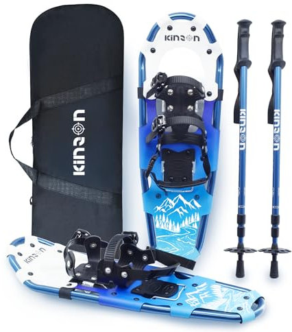 KinZon Raquetas de Nieve 3 en 1, Ligeras y sólidas, con Bastones de Trekking y Bolsa de Transporte, Dispositivo de elevación del talón,para Practicar Senderismo (Azul, 76,2 cm (para 86-118 kg))