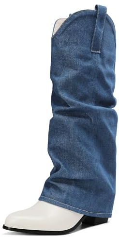 Gicoiz Femme Pointu Slouch Denim Bottes Cowboy Vintage Hiver Bloc A Enfiler Warm Knee High Riding Western Bottines Extérieur Bleu Taille 44 EU-46Cn