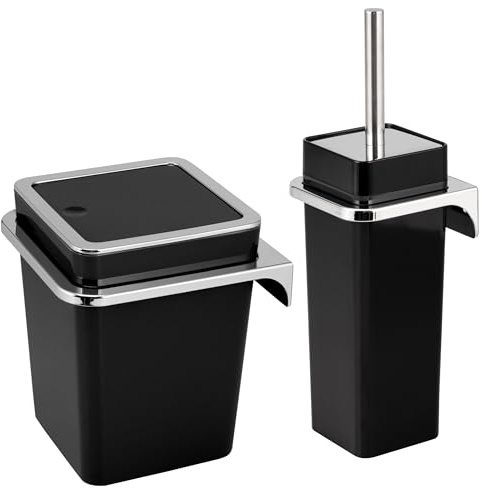 bremermann Savona, set da 2 pezzi, secchio cosmetico da 6 litri e scopino WC con supporto a parete, rettangolare (plastica-nero)