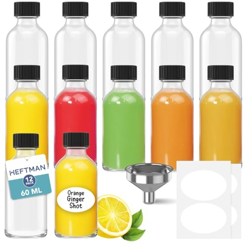 HEFTMAN Glass Shot Bottles with Lids - 12 Pack 60ml Empty Mini Bottles for Ginger Shots with 3 Funnels & Labels - Reusable, Clear, Airtight - Ideal for Juice, Oils, Liquor, Sauces