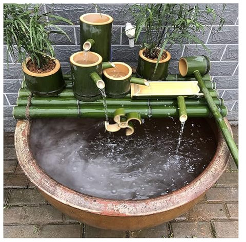 YYUINU Fontaine d'eau de Bassin et de Jardin en Bambou à Trois Niveaux, décorations intérieures/extérieures en Bambou, avec Pompe, Circulation d'eau de réservoir de Poissons,25CM