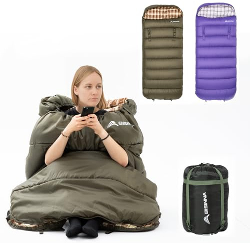 BISINNA XXL Flannel Wareable Schlafsack mit Kissen 3-4 Saison für Erwachsene & Kinder Warmer Leichter Schlafsack Wasserdicht für Wandern Backpacking Camping mit Kompressionssack (grün)